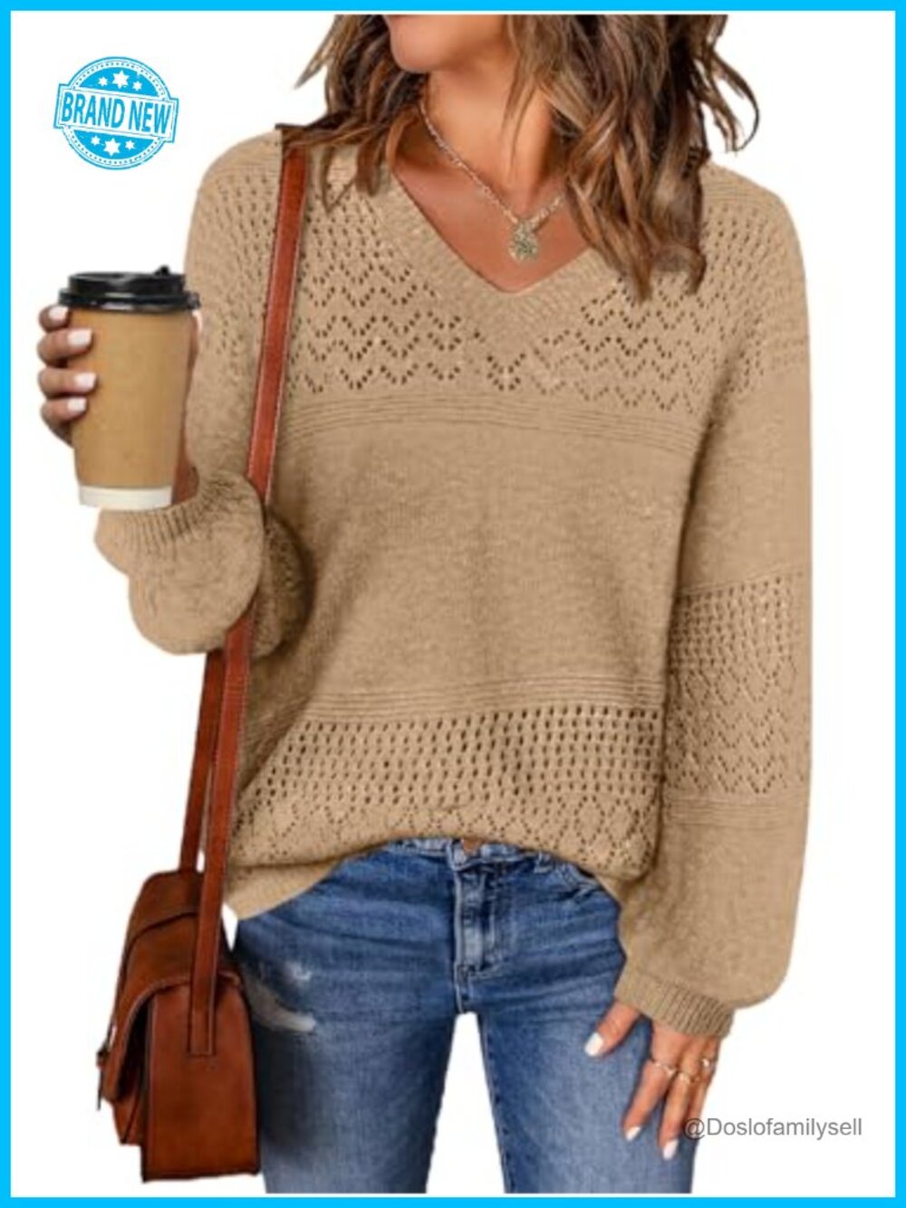 Womens Knit Sweater V Neck Long Sleeve Pullover Loose Crochet Cable Knit Top